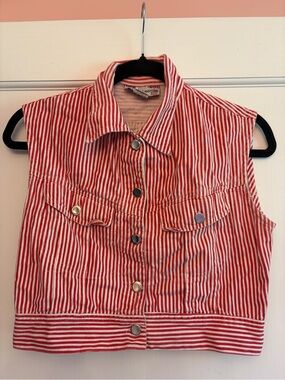 Vintage 100% Cotton Express Jean Red White Striped Sleeveless Vest Butter Mom P1